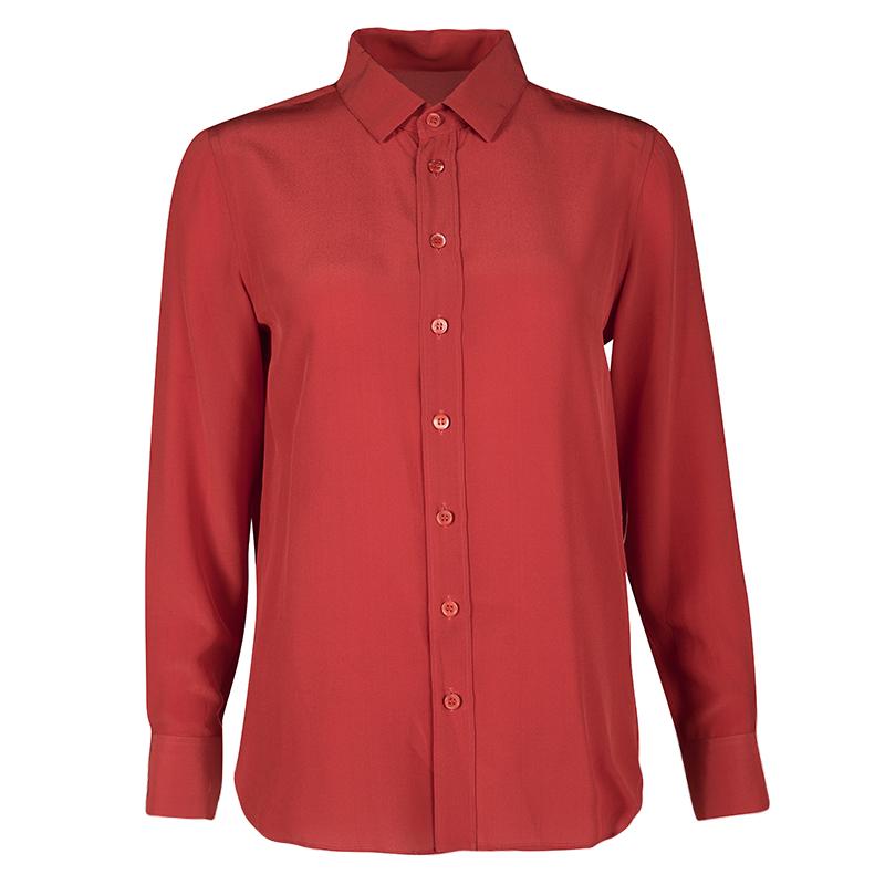 Saint Laurent Paris Red Silk Long Sleeve Shirt M