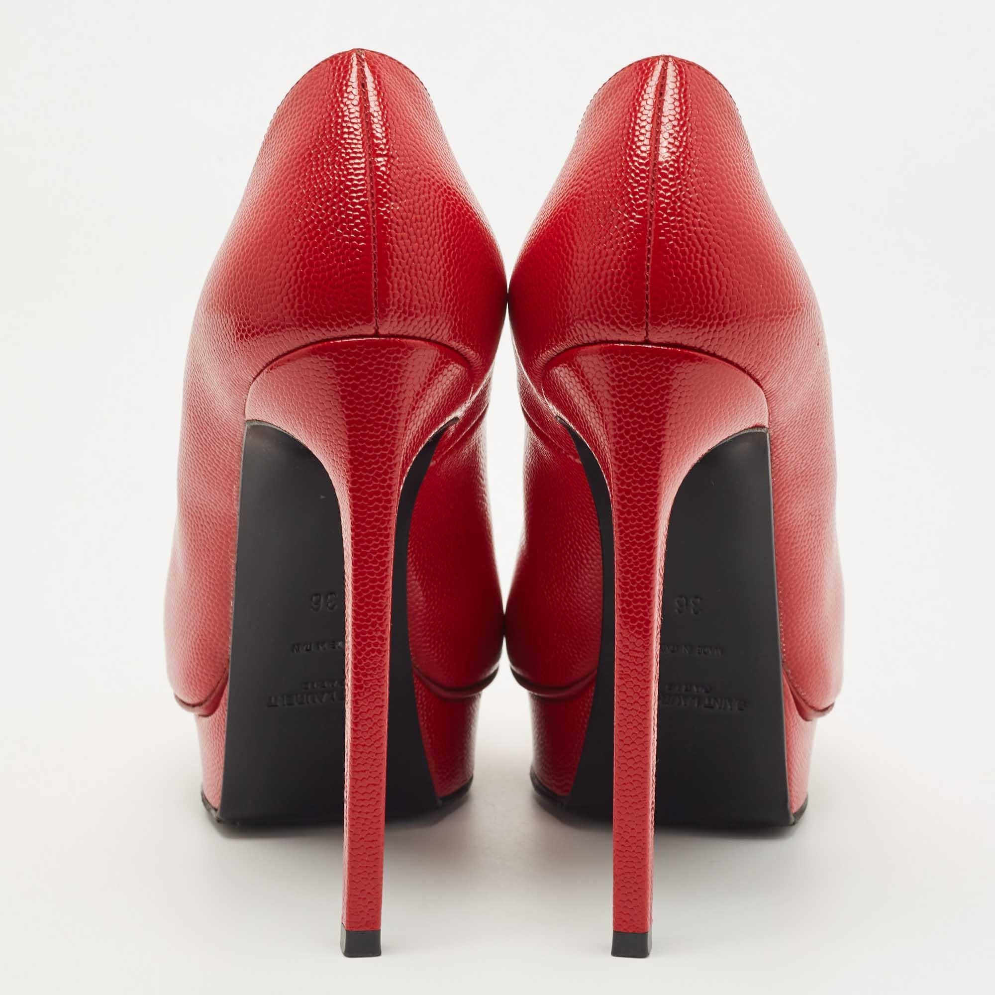 Saint Laurent Paris Red Textured Leather Janis Platform Pointed Toe Pumps Size 3 For Sale 1