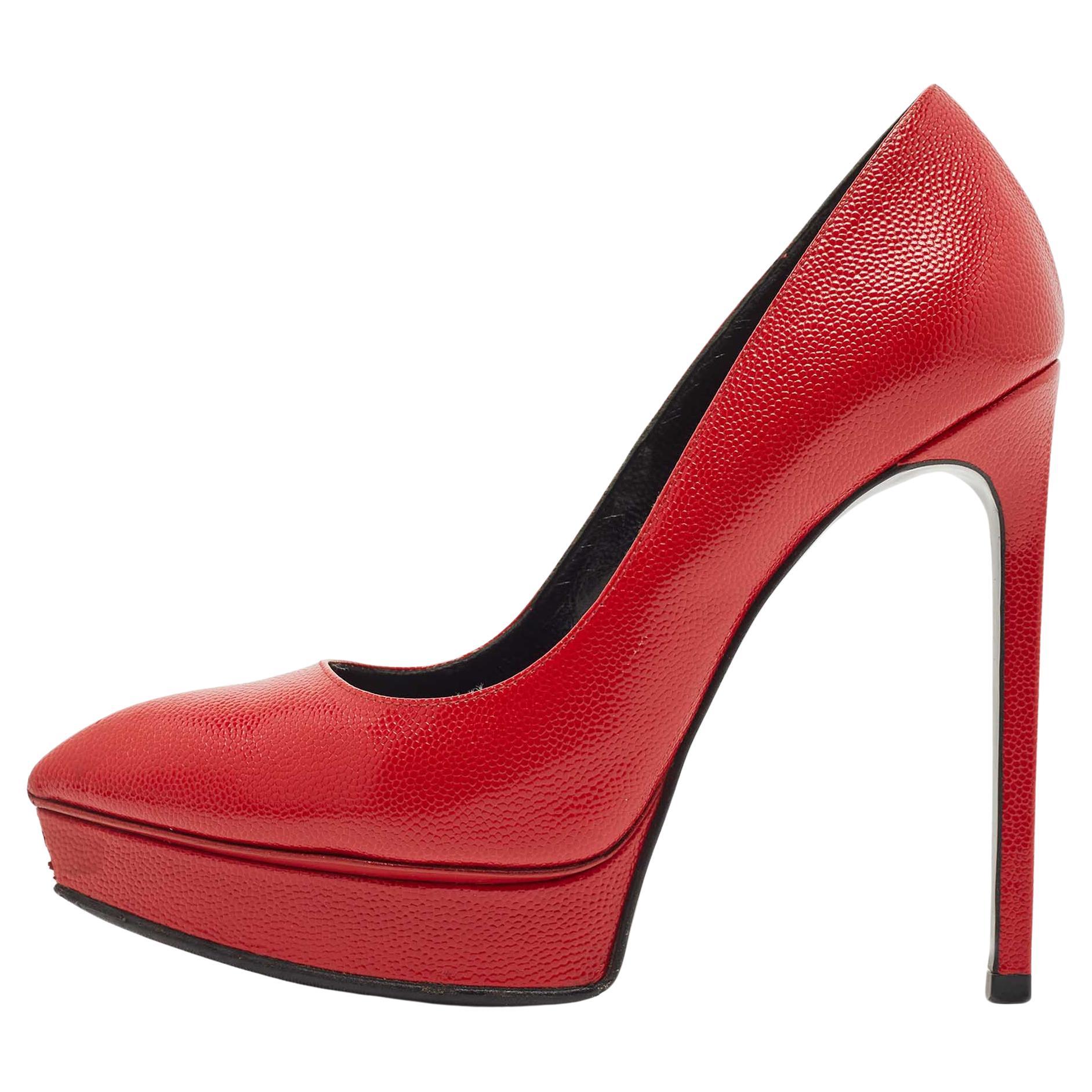 Saint Laurent Paris Red Textured Leather Janis Platform Pointed Toe Pumps Size 3 For Sale