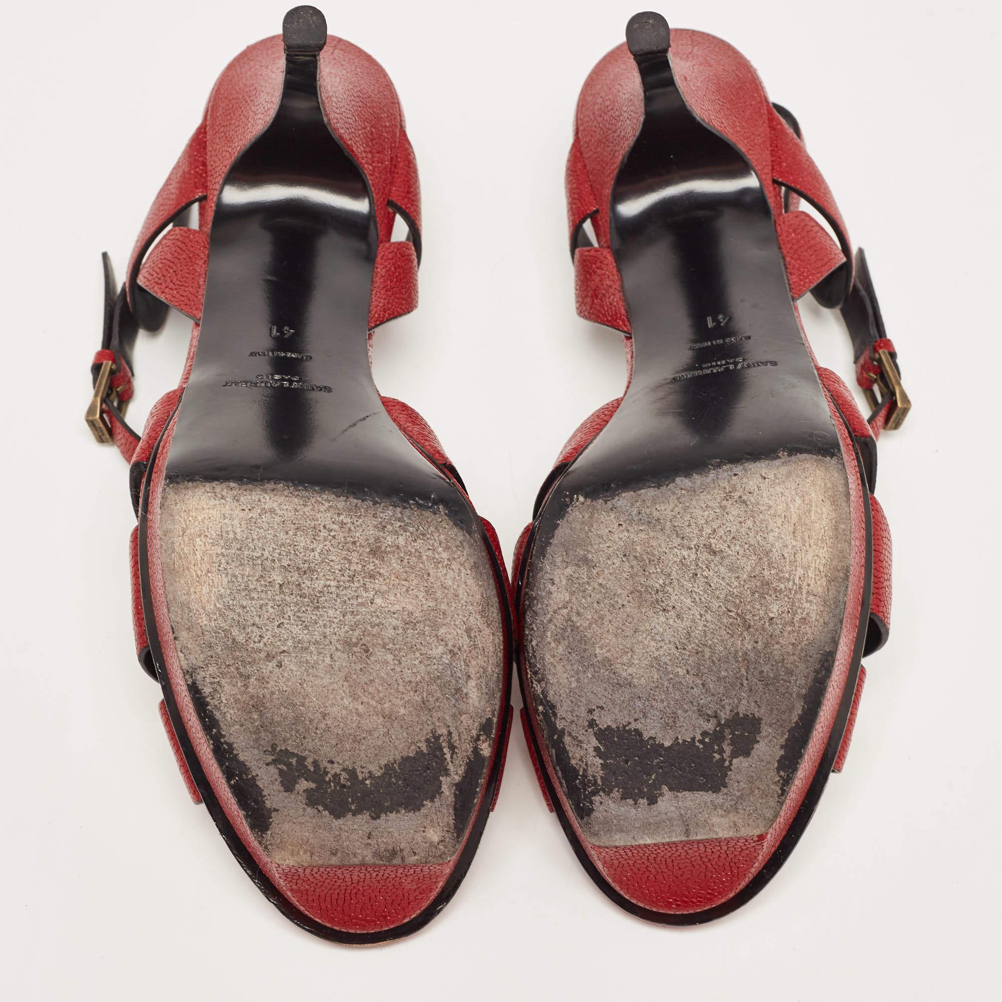 Saint Laurent Paris Red Textured Leather Tribute Platform Ankle Strap Sandals Si For Sale 1