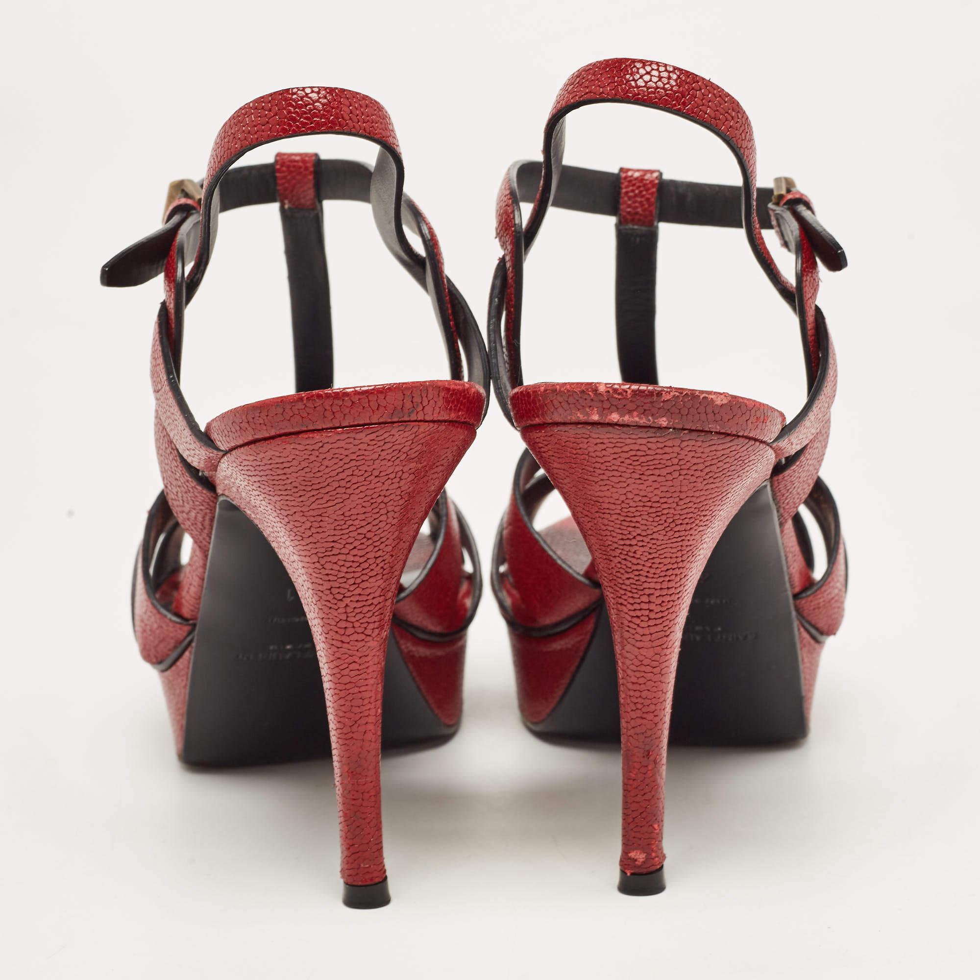 Saint Laurent Paris Red Textured Leather Tribute Platform Ankle Strap Sandals Si For Sale 2