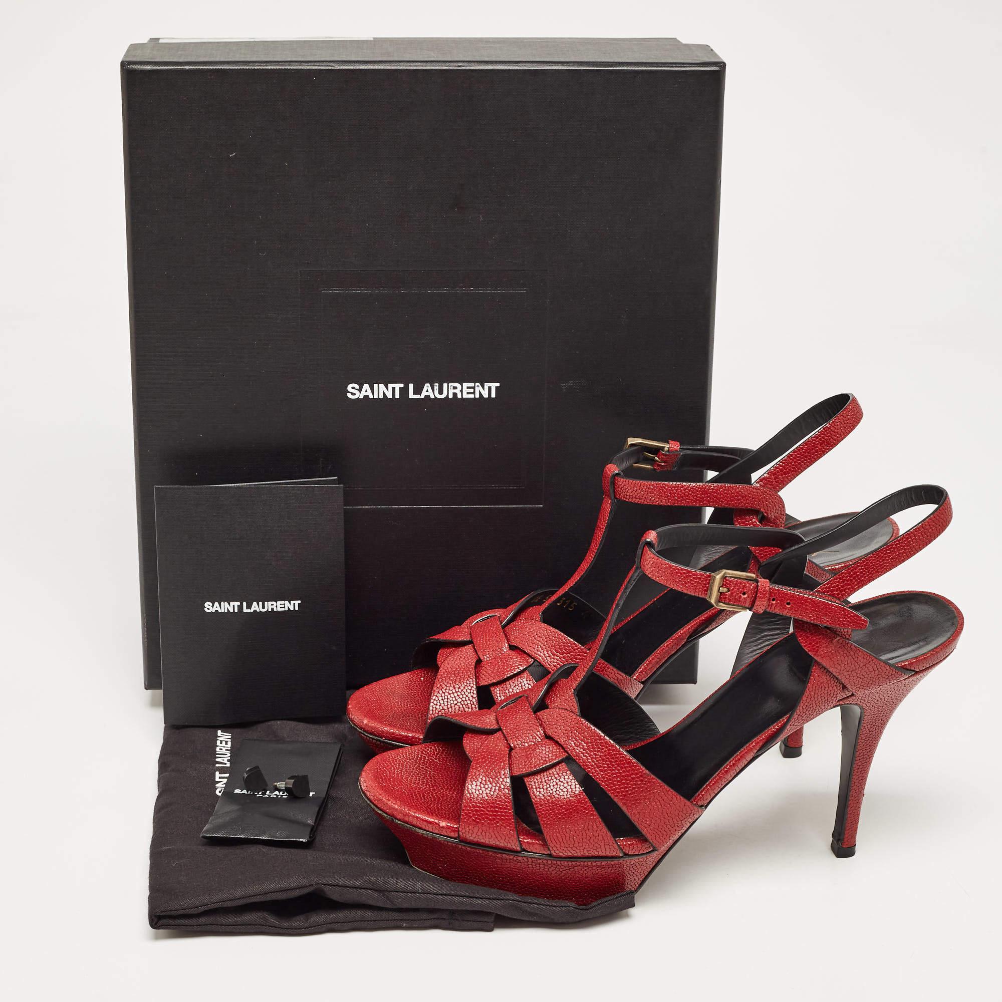 Saint Laurent Paris Red Textured Leather Tribute Platform Ankle Strap Sandals Si For Sale 5