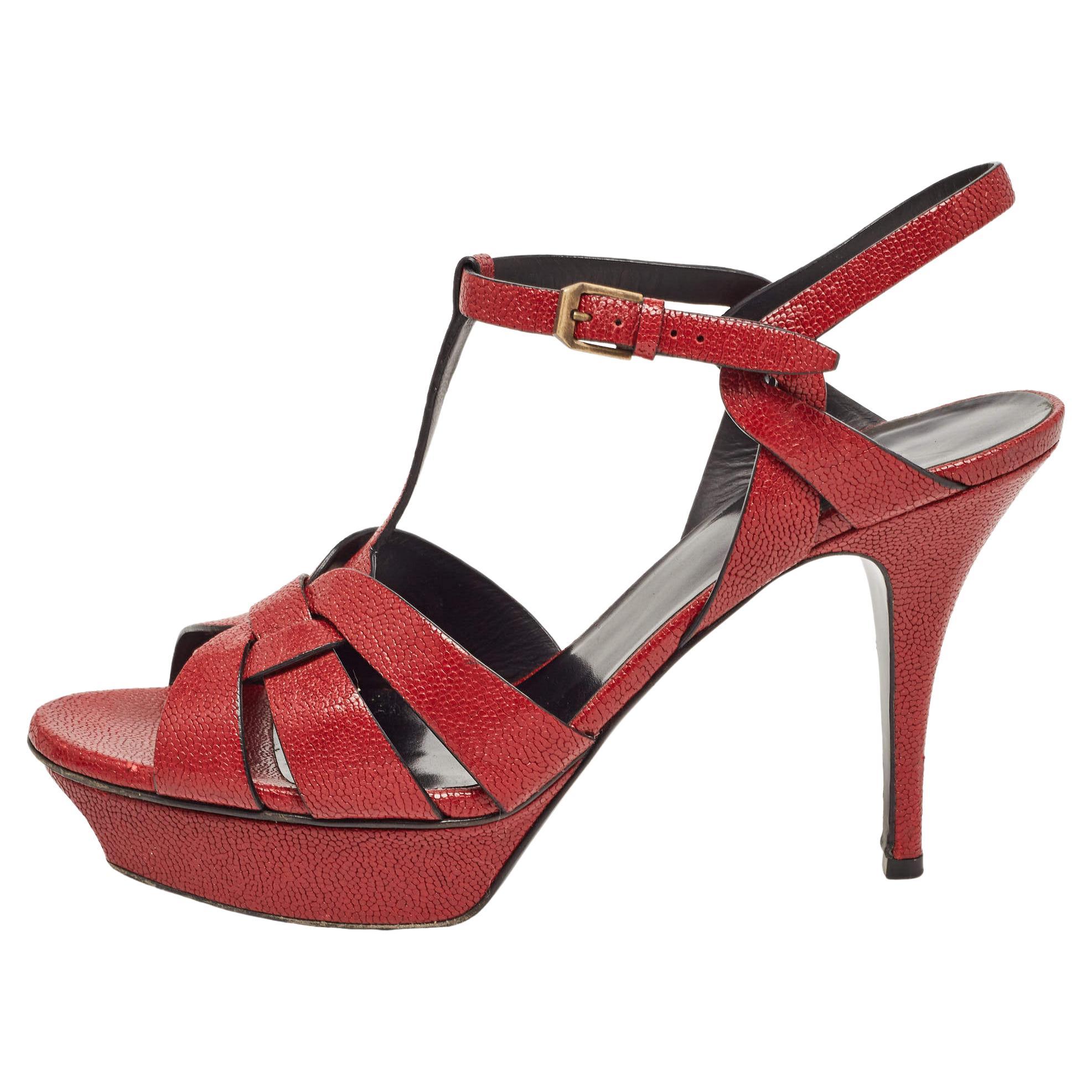 Saint Laurent Paris Red Textured Leather Tribute Platform Ankle Strap Sandals Si For Sale