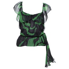 Saint Laurent Paris Rive Gauche Black 
Green Silk Tie Detail Ruffled Top S