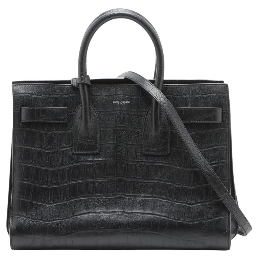 Saint Laurent Paris Sac de Jour Crocodile Embossed Leather Two-Way Handbag Black