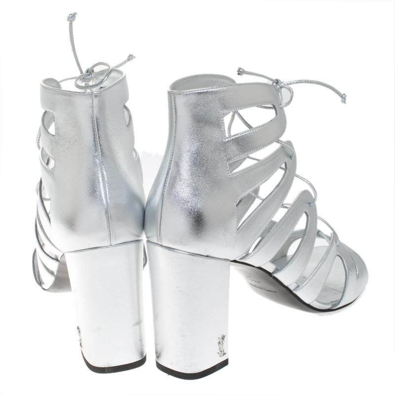 Women's Saint Laurent Paris Silver Leather Gladiator Ankle Wrap Sandals Size 41