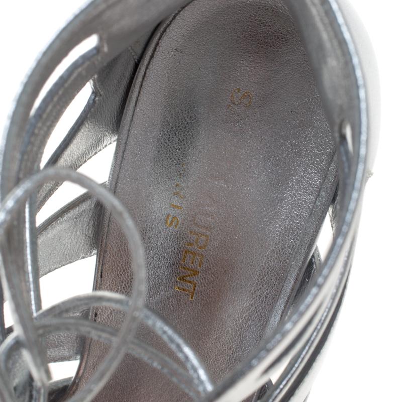 Saint Laurent Paris Silver Leather Gladiator Ankle Wrap Sandals Size 41 2