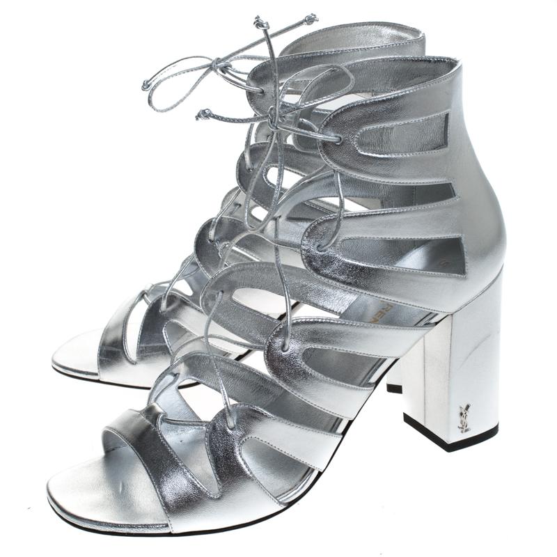 Saint Laurent Paris Silver Leather Gladiator Ankle Wrap Sandals Size 41 3