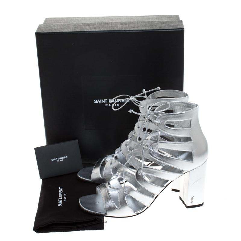 Saint Laurent Paris Silver Leather Gladiator Ankle Wrap Sandals Size 41 4