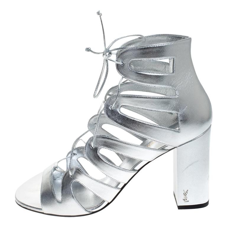Saint Laurent Paris Silver Leather Gladiator Ankle Wrap Sandals Size 41