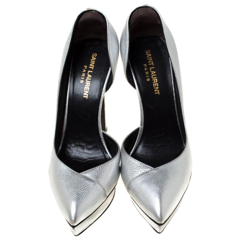 Saint Laurent Paris Silver Leather Janis 105 D'Orsay Pumps Size 37.5 In Good Condition In Dubai, Al Qouz 2