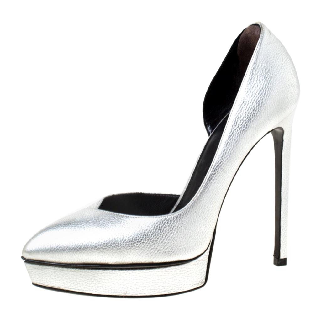 Saint Laurent Paris Silver Leather Janis 105 D'Orsay Pumps Size 37.5