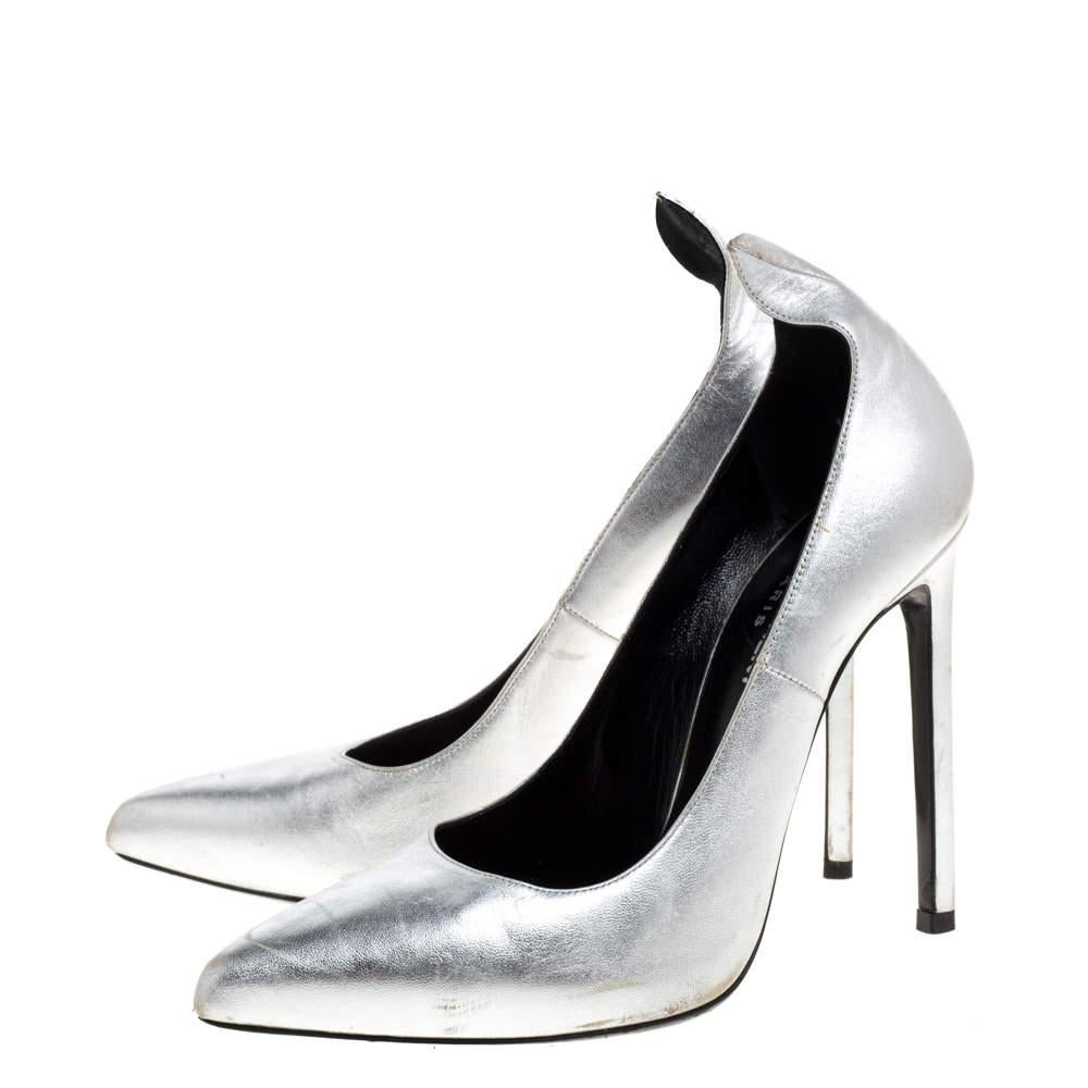 Women's Saint Laurent Paris Silver Leather Thorn Pointed Toe Pumps Size 37