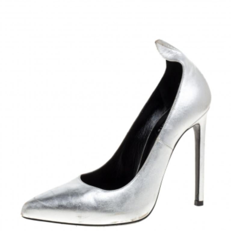 Saint Laurent Paris Silver Leather Thorn Pointed Toe Pumps Size 37 For Sale 2