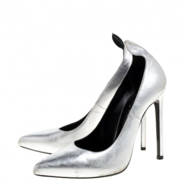 Saint Laurent Paris Silver Leather Thorn Pointed Toe Pumps Size 37 For Sale 3