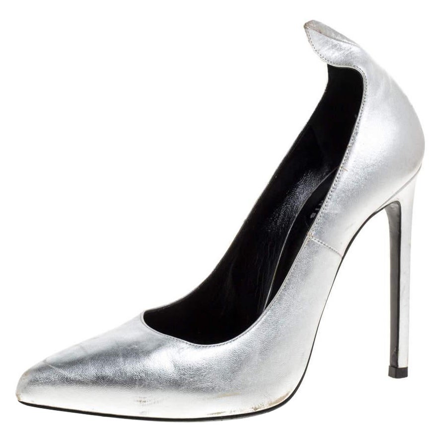 Saint Laurent Paris Silver Leather Thorn Pointed Toe Pumps Size 37