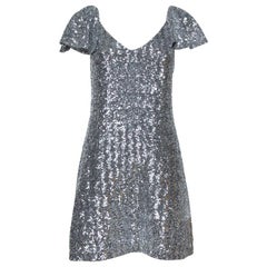 Saint Laurent Paris Silver Sequin Embellished Flutter Sleeve Dress M