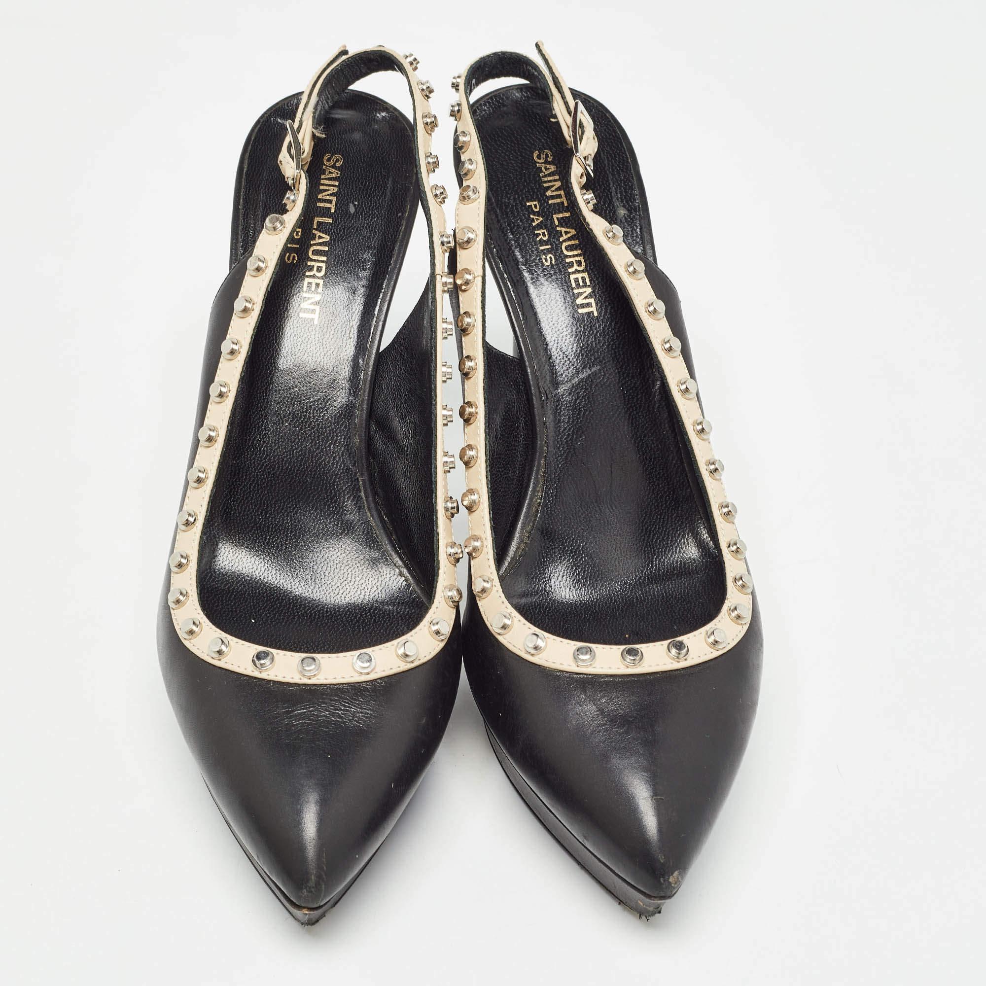 Nero Saint Laurent Paris - Piattaforma con borchie e punta a spillo - Pompe a tracolla misura 38,5 in vendita