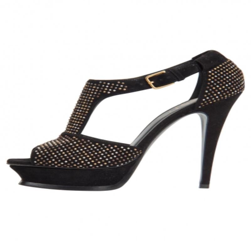 Saint Laurent Paris Studded Suede T-Strap Peep Toe Platform Sandals Size 38.5 en vente 2