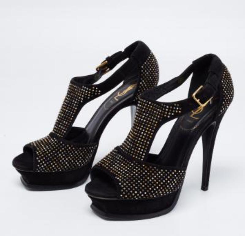 Saint Laurent Paris Studded Suede T-Strap Peep Toe Platform Sandals Size 38.5 en vente 3