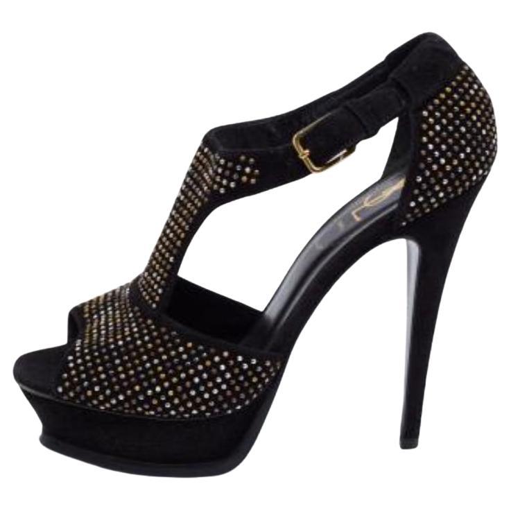 Saint Laurent Paris Studded Suede T-Strap Peep Toe Platform Sandals Size 38.5 en vente