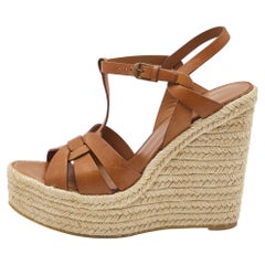 Saint Laurent Paris Tan Tribute Espadrille Platform Wedge Sandals Size 40.5