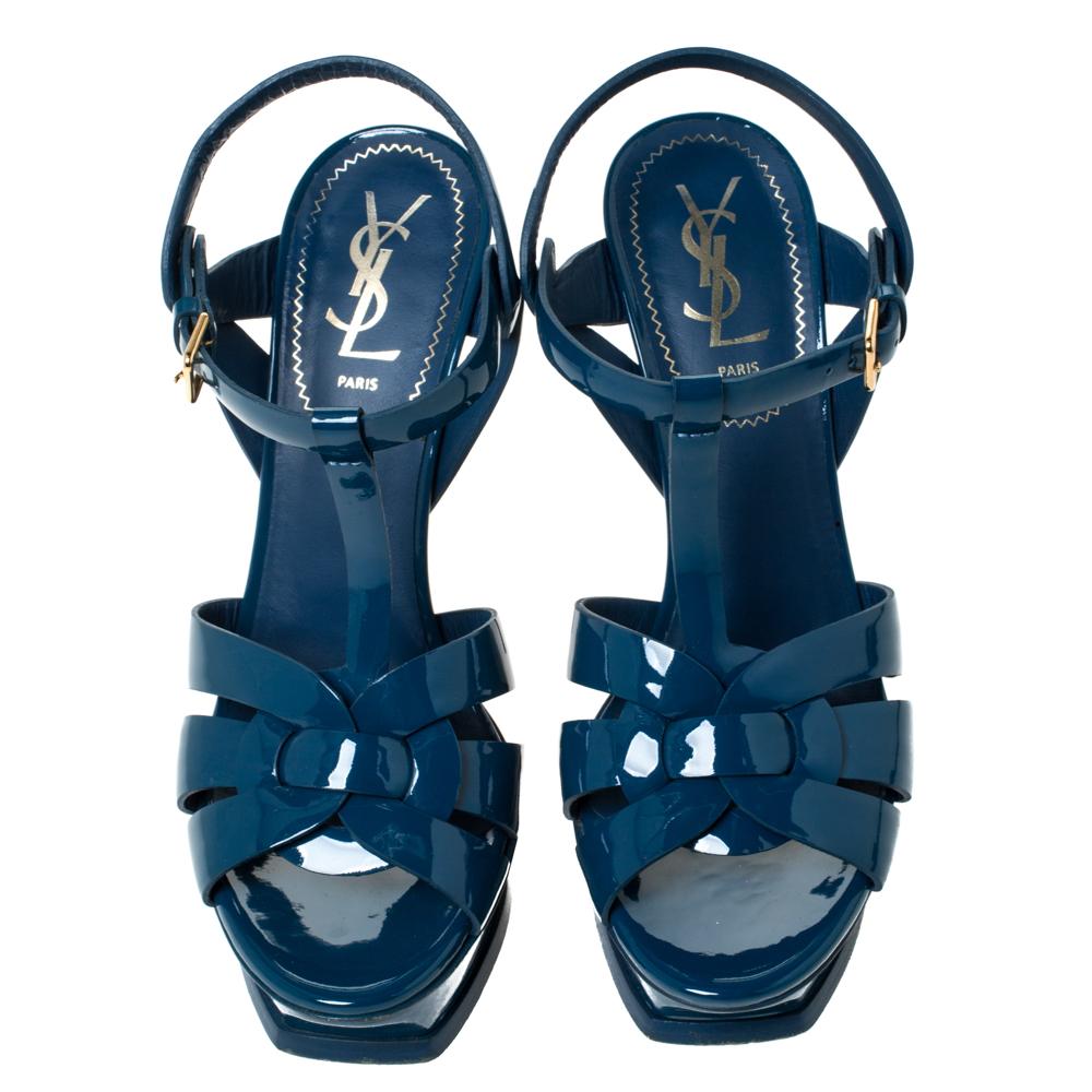 Blue Saint Laurent Paris Teal Patent Leather Tribute Platform Sandals Size 38
