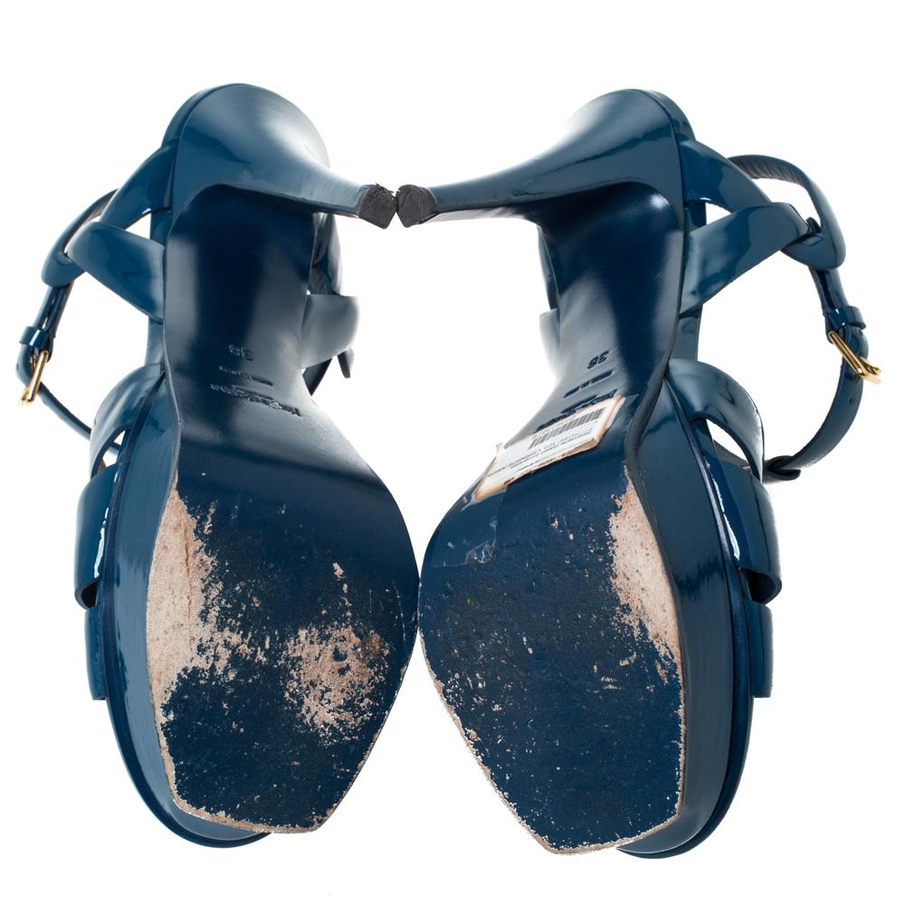 Saint Laurent Paris Teal Patent Leather Tribute Platform Sandals Size 38 In Good Condition In Dubai, Al Qouz 2