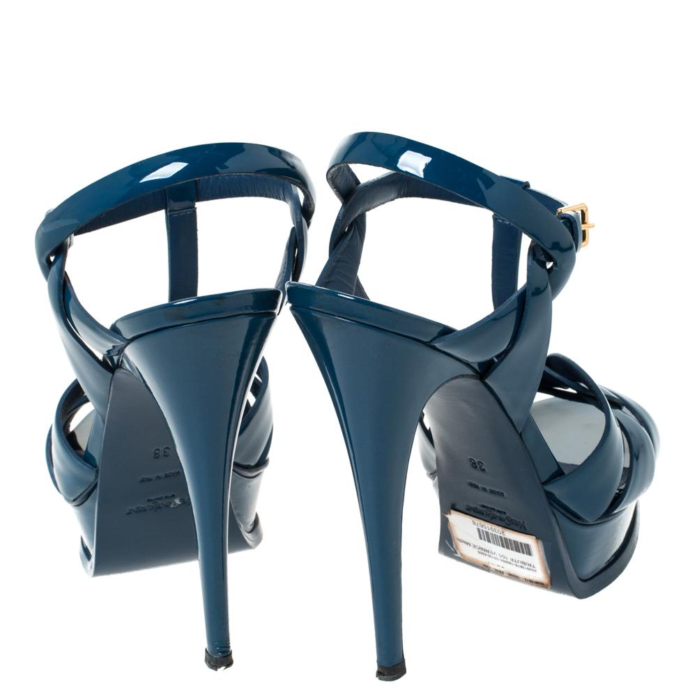 Women's Saint Laurent Paris Teal Patent Leather Tribute Platform Sandals Size 38