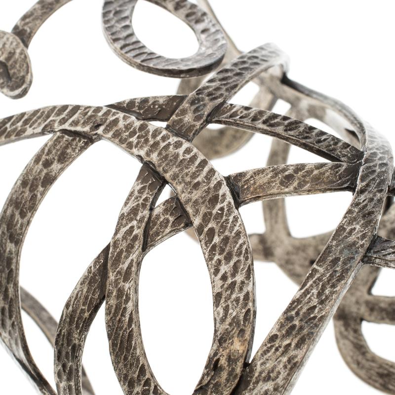 Contemporary Saint Laurent Paris Textured Cut-out Silver Tone Open Cuff Bracelet