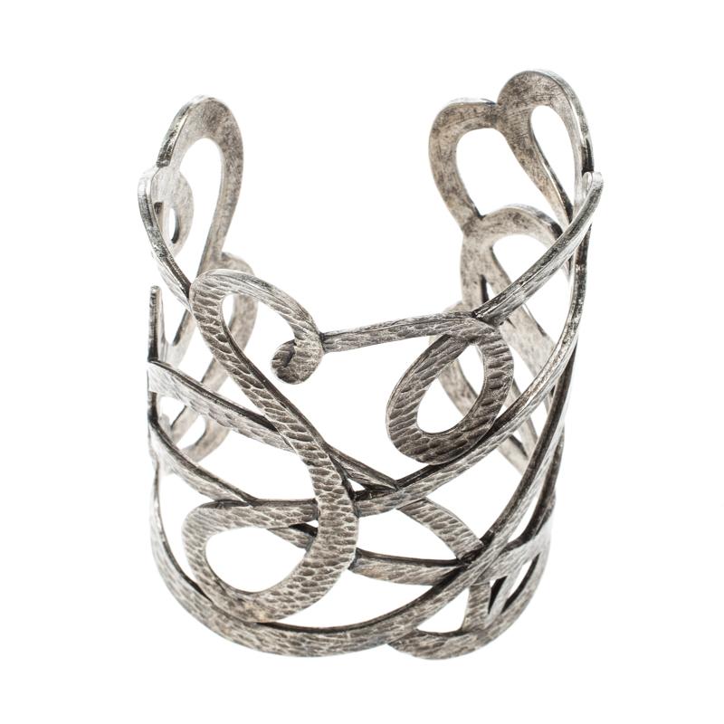 Women's Saint Laurent Paris Textured Cut-out Silver Tone Open Cuff Bracelet