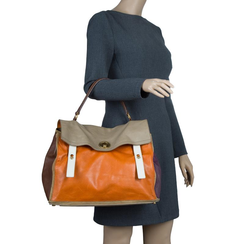 Orange Saint Laurent Paris Tri Color Leather Large Muse Two Top Handle Bag