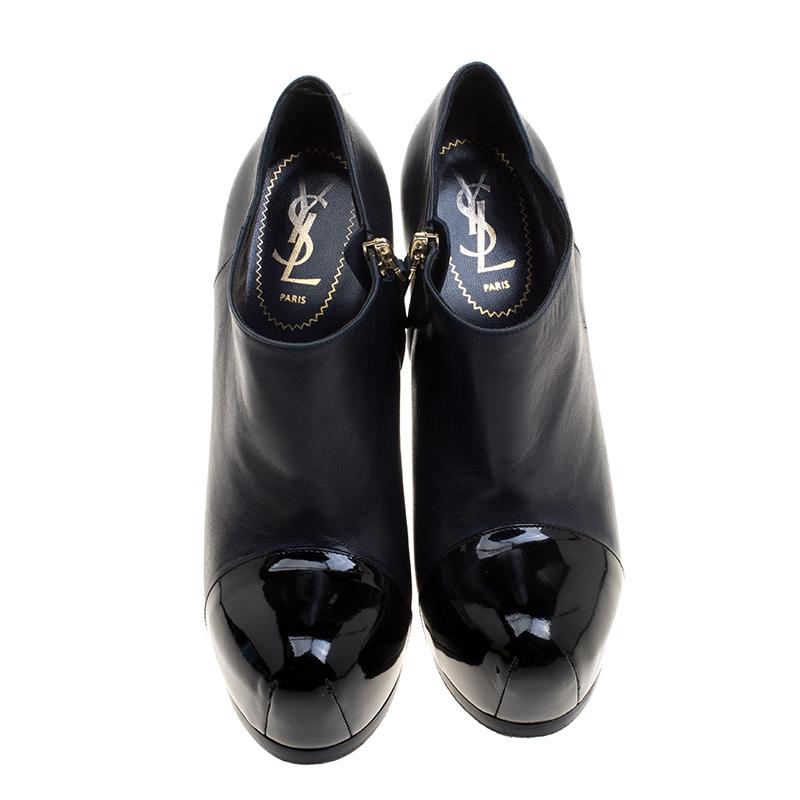 Black Saint Laurent Paris Two Tone Leather Tribtoo Cap Toe Platform Ankle Boots Size 3