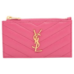 Used Saint Laurent Paris V Stitch  Leather Coin Card Wallet Pink