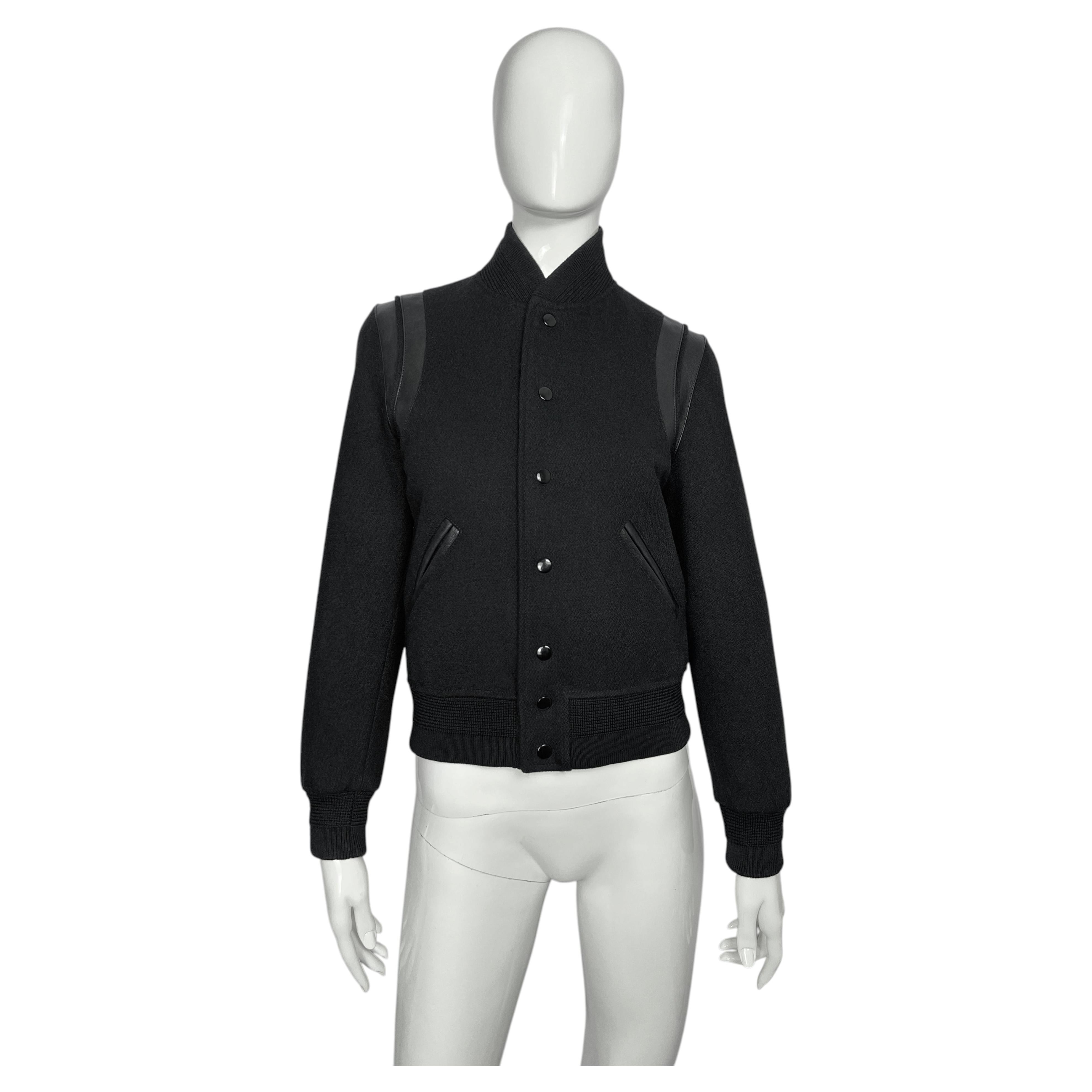 Saint Laurent Paris - Bomber in lana Varsity con pelle.