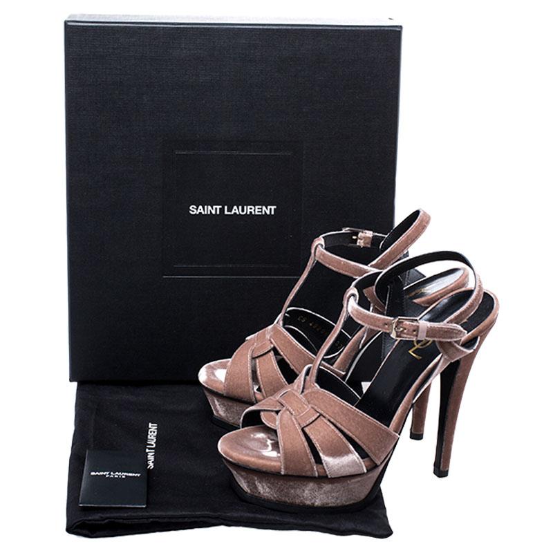 Saint Laurent Paris Velvet Beige Tribute Platform Sandals Size 37 4