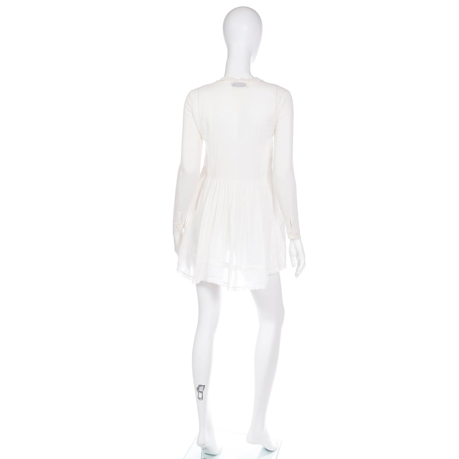 Women's Saint Laurent Paris White Cotton Voile Babydoll Blouse Top w Fine Lace Trim For Sale