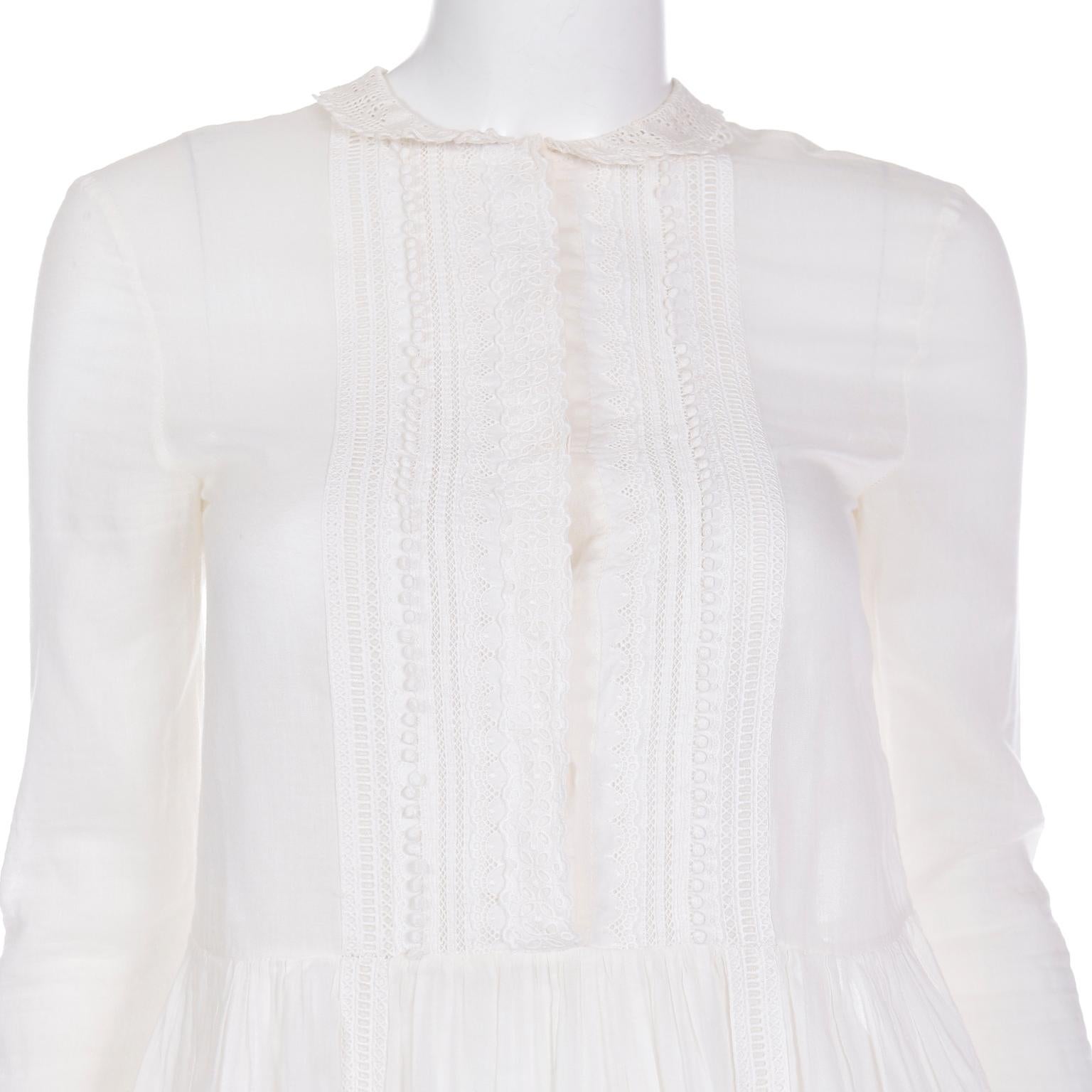 Saint Laurent Paris White Cotton Voile Babydoll Blouse Top w Fine Lace Trim For Sale 2