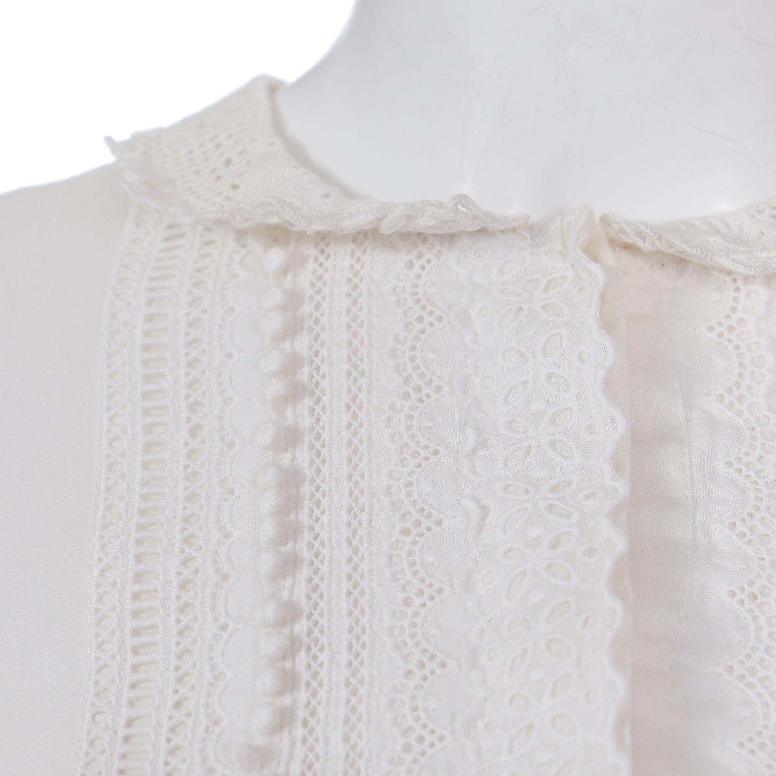 Saint Laurent Paris White Cotton Voile Babydoll Blouse Top w Fine Lace Trim For Sale 3