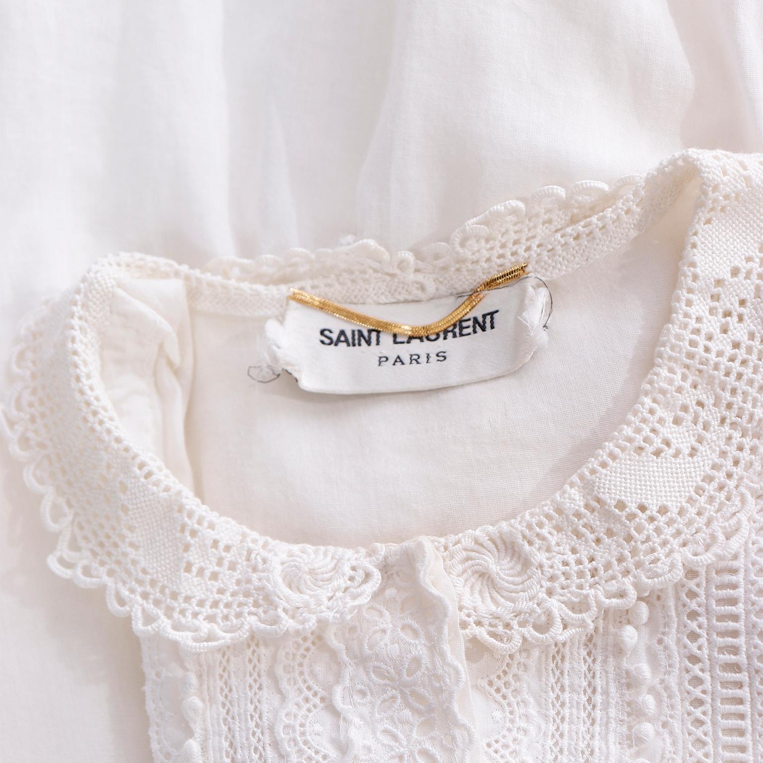 Saint Laurent Paris White Cotton Voile Babydoll Blouse Top w Fine Lace Trim For Sale 4