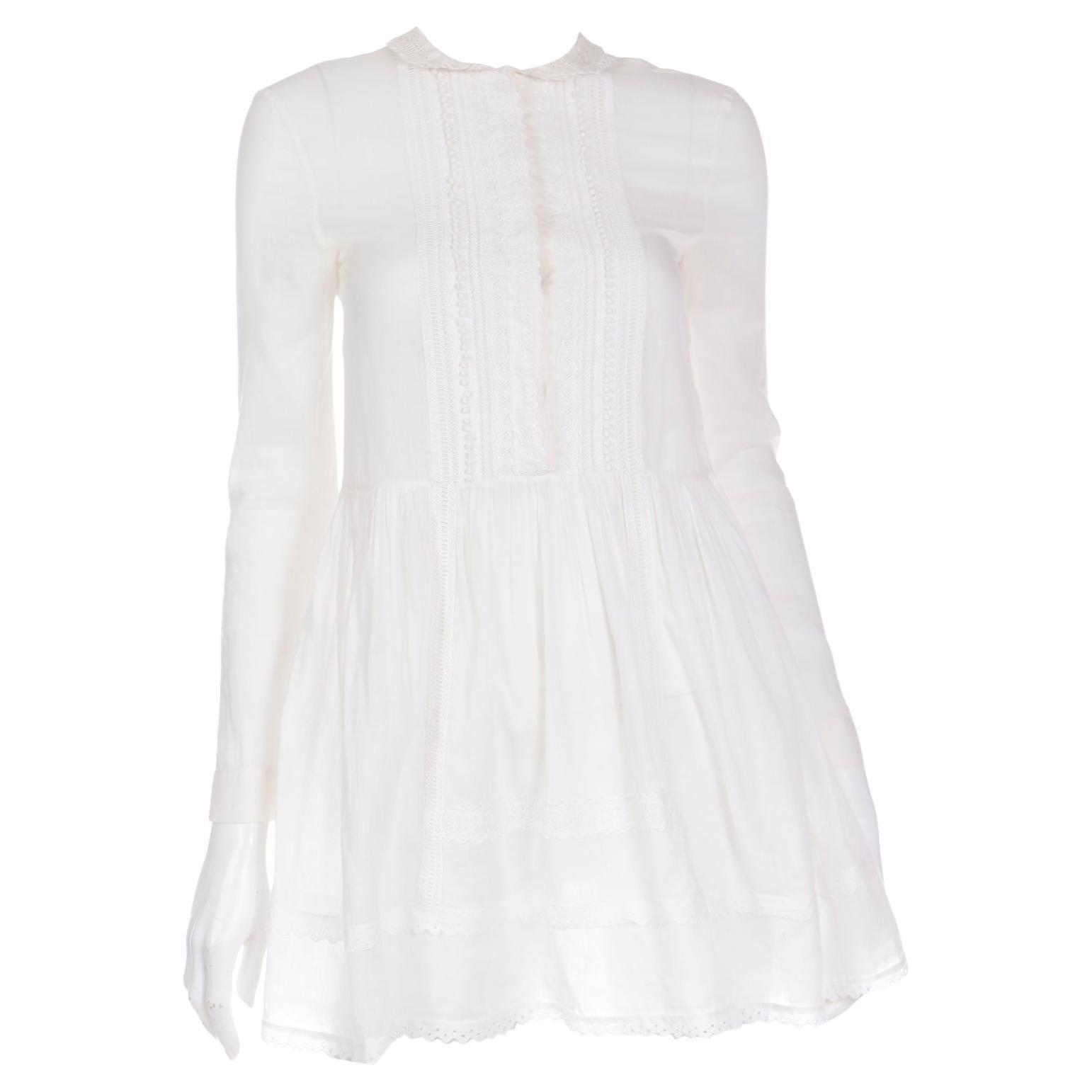 Saint Laurent Paris White Cotton Voile Babydoll Blouse Top w Fine Lace Trim
