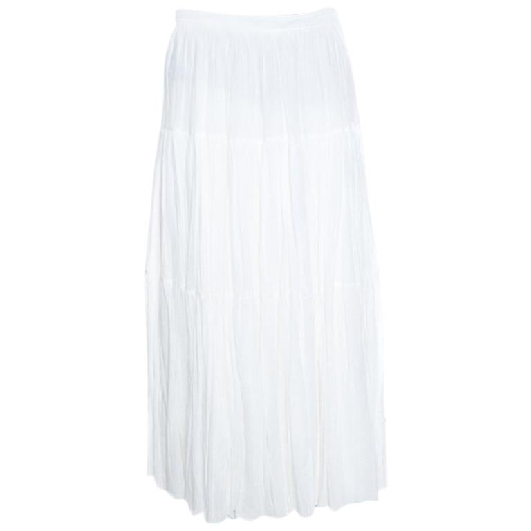 Saint Laurent Paris White Crinkled Cotton Tiered Midi Skirt L For Sale ...