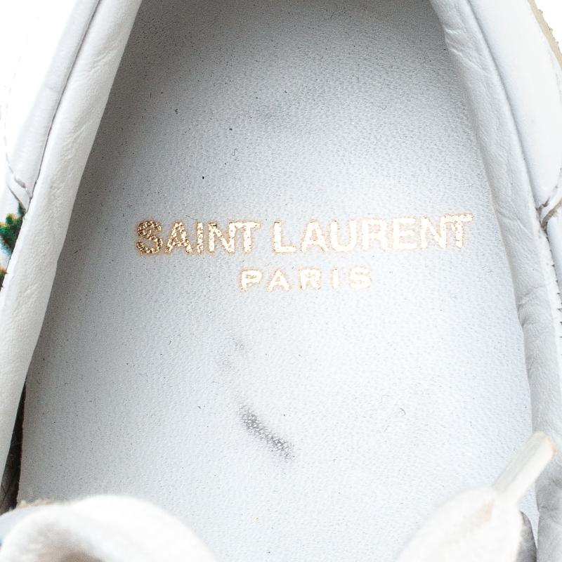 Women's Saint Laurent Paris White Floral Printed Leather Low Top Sneakers Size 38.5