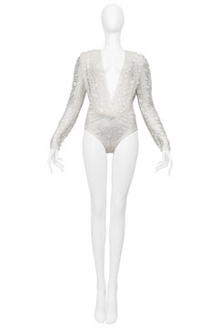 Saint Laurent Paris White Lace Bodysuit With Deep V Neck 2020