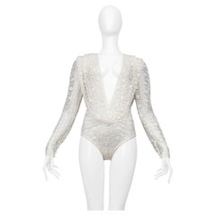 Saint Laurent Paris White Lace Bodysuit With Deep V Neck 2020