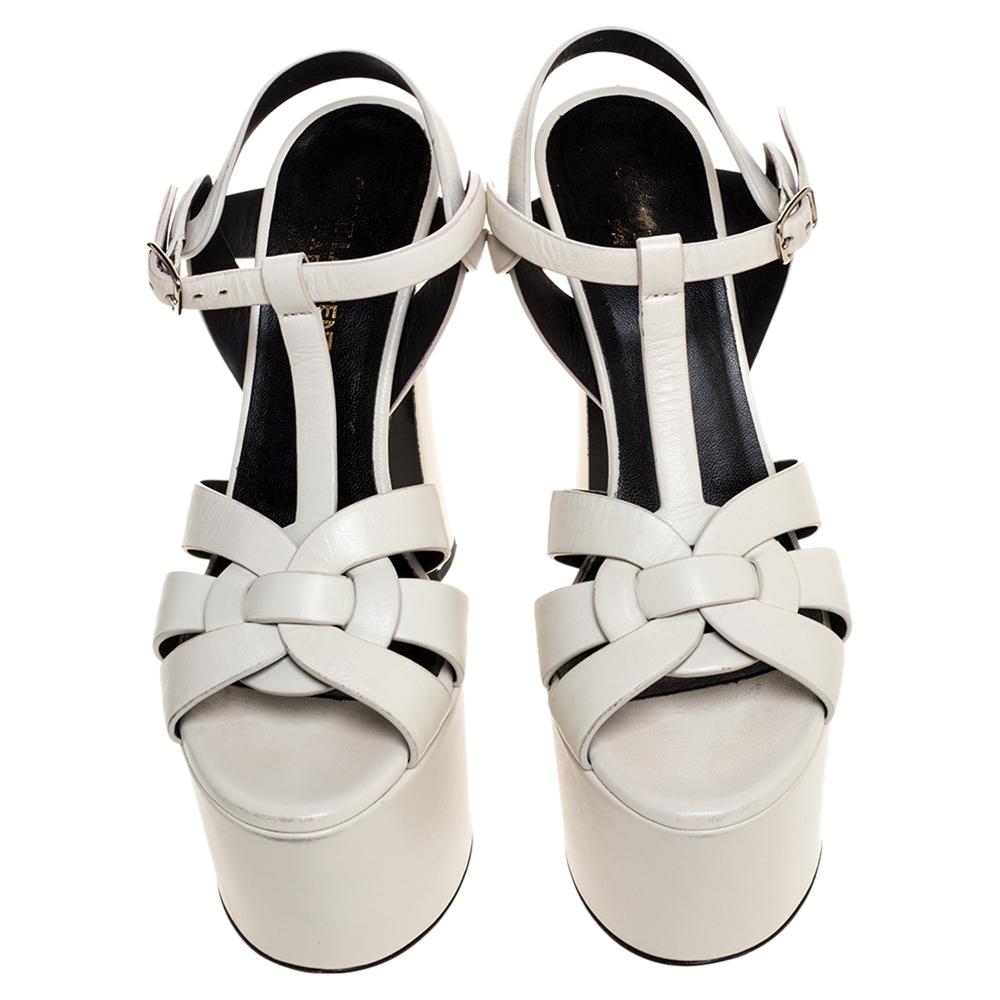 Saint Laurent Paris White Leather Block Heel Ankle Strap Sandals Size 37.5 In Good Condition In Dubai, Al Qouz 2