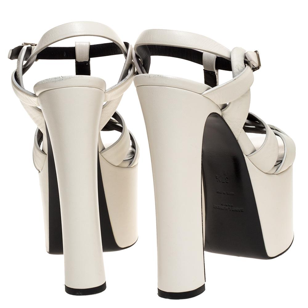 Women's Saint Laurent Paris White Leather Block Heel Ankle Strap Sandals Size 37.5