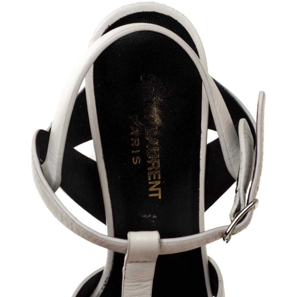 Saint Laurent Paris White Leather Block Heel Ankle Strap Sandals Size 37.5 2