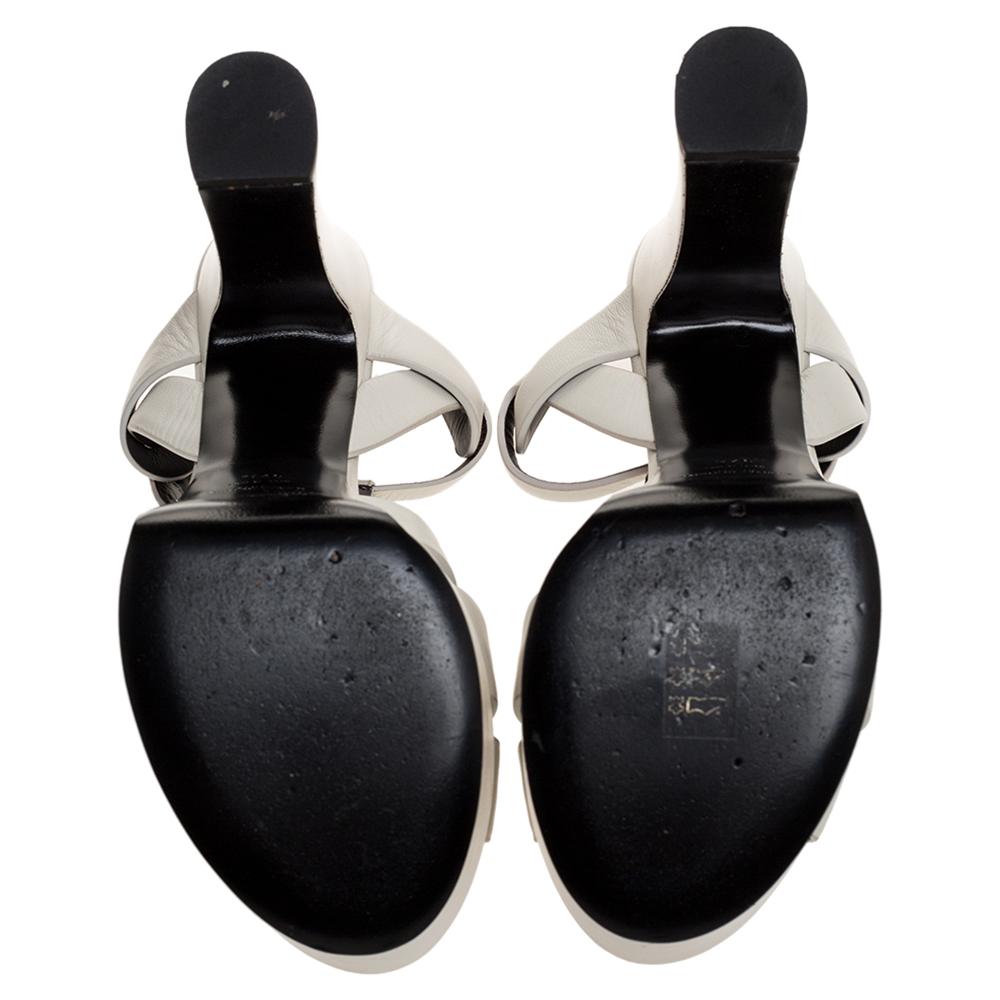 Saint Laurent Paris White Leather Block Heel Ankle Strap Sandals Size 37.5 3