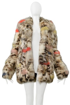Saint Laurent Paris White & Multicolor Stenciled Fox Fur Chubby Coat 2017